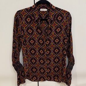 A.L.C. Aubrey Print Silk Printed Blouse Burgundy Gold Medallion Size 0